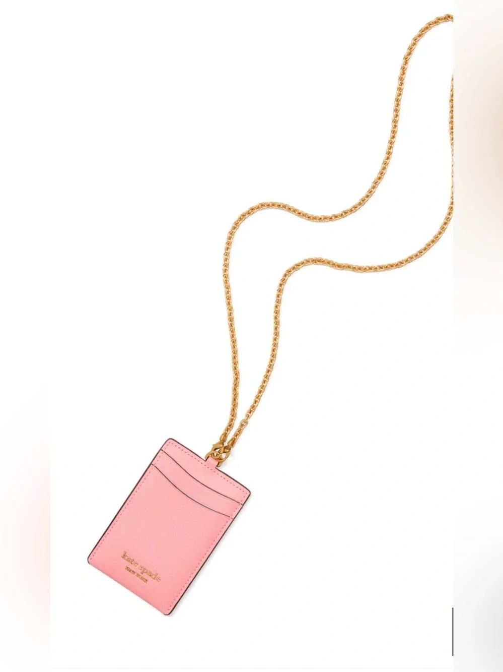 kate spade Pink Leather Card & Key Holder with Gold Chain lanyard EUC